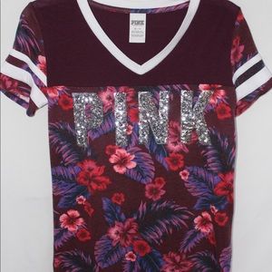 PINK floral maroon sequined short sleeve tee